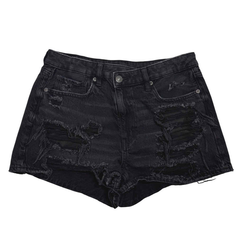 American Eagle Mom Shorts Women 6 Black Excellent Distressed Ripped Denim Jeans